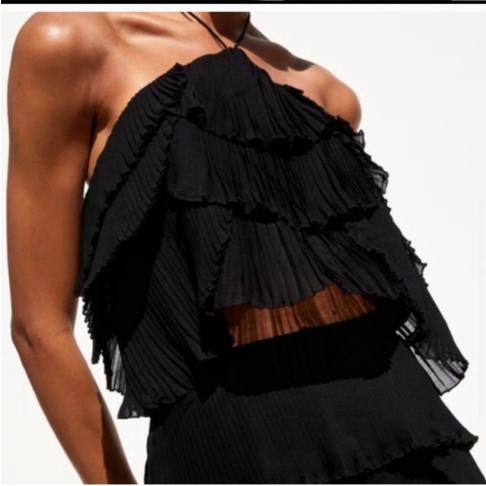 Zara Black Ruffled Tiered Halter Top Size XS